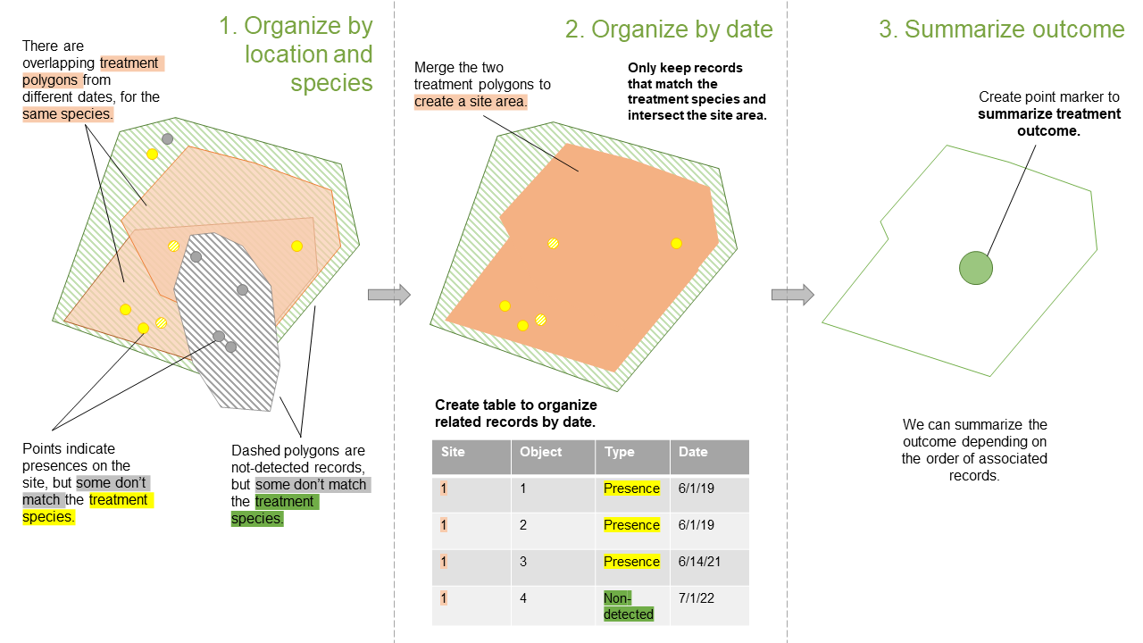 Conceptual workflow for organizing management sites by location, species, and date.